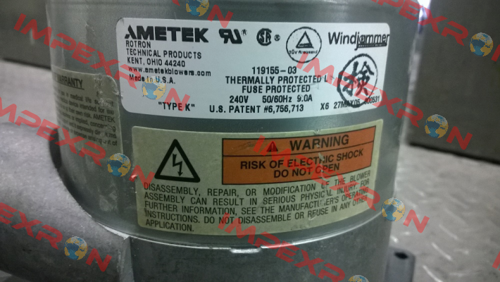 119155-03 obsolete/replacement 119155-06  Ametek Windjammer