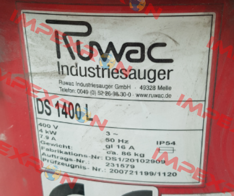 top cover for Ds 1400 L  Ruwac