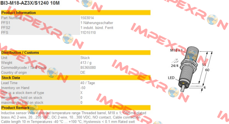 BI3-M18-AZ3X/S1240 10M Turck